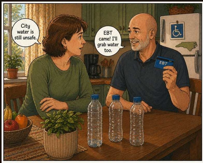 A couple at a kitchen table with bottled water and an EBT card.