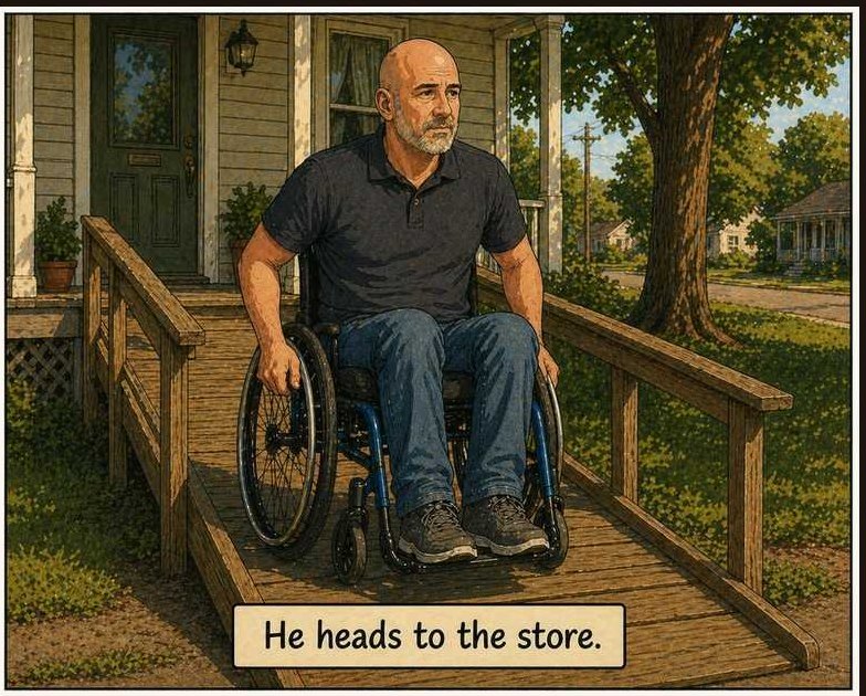 A man in a wheelchair on a wooden ramp leaving his porch.