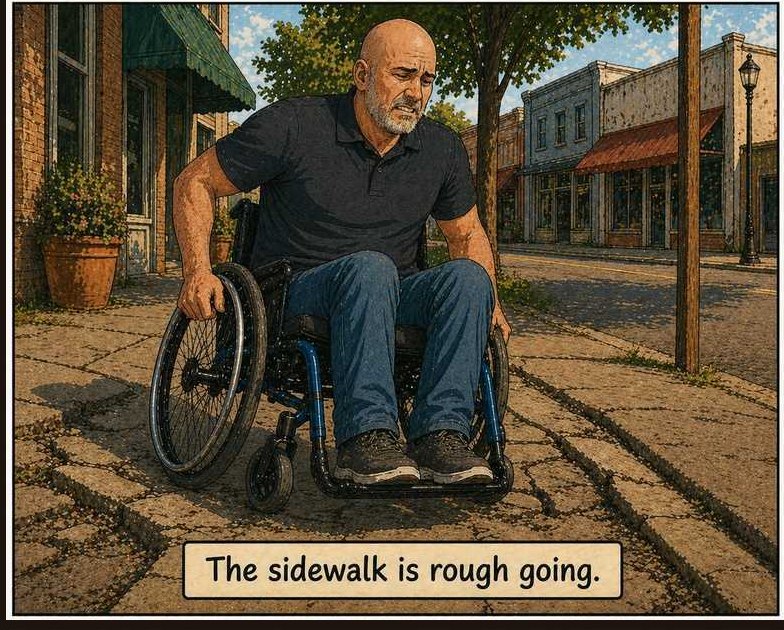A man in a wheelchair on a cracked, broken small-town sidewalk.