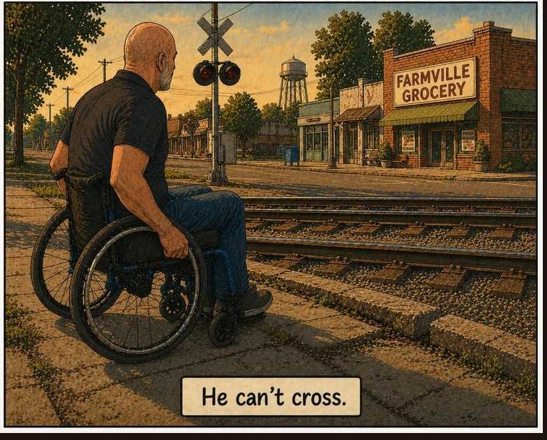 A man in a wheelchair stopped at a railroad crossing with a grocery store across the tracks.