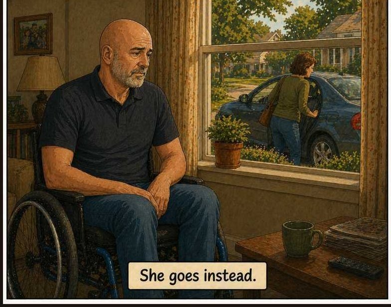 A man watches from a window as a woman drives away to run errands.
